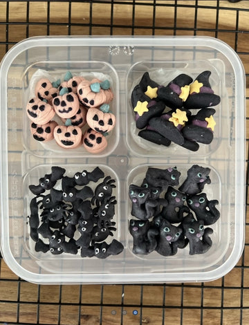 Box de Confeitos Halloween Pet com abóboras, chapéus de bruxa, morcegos e gatinhos pretos
