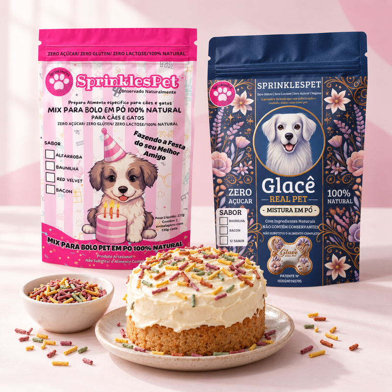 Kit essencial SprinklesPet. Imagem ilustrativa de aplicação; preparo necessário, utensílios não incluídos.