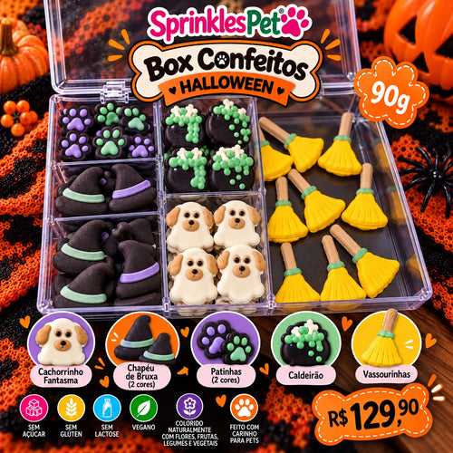 Box de Confeitos Halloween Pet 90 g com cachorrinho fantasma, chapéus de bruxa, patinhas, caldeirões e vassourinhas