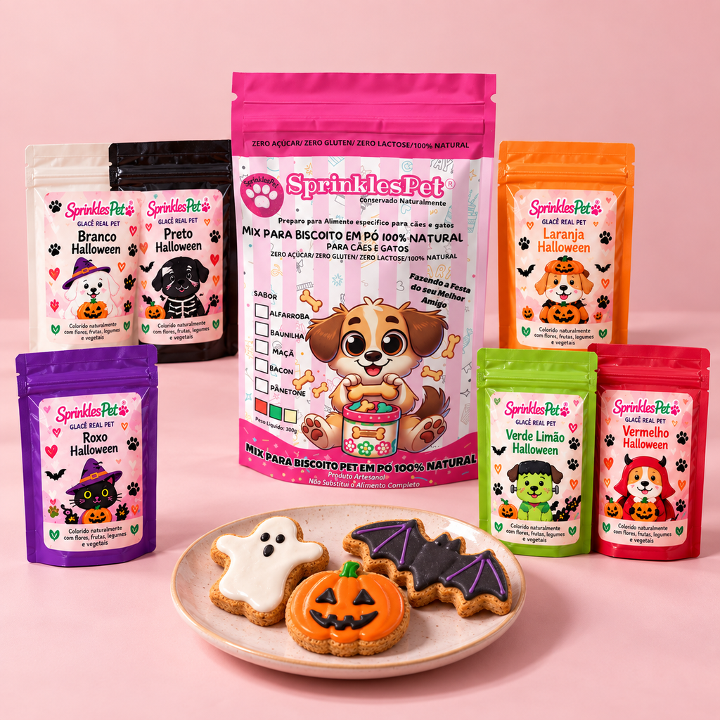 Kit Halloween Pet | Mix para Biscoito + Glacê 6 Cores. Imagem ilustrativa de preparo com IA.