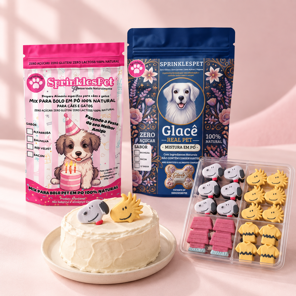 Kit snoopy SprinklesPet. Composição ilustrativa com IA a partir dos produtos reais.
