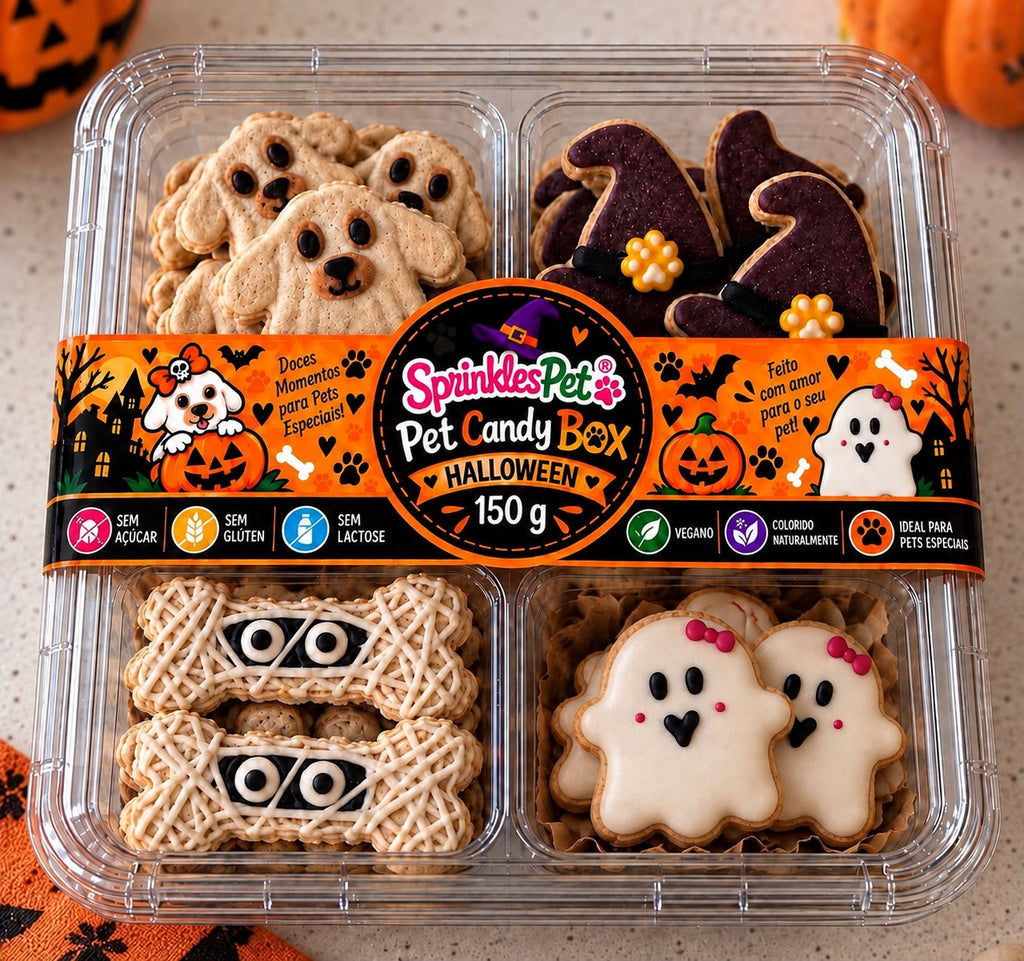Pet Candy Box Halloween SprinklesPet 150 g, detalhe da embalagem e dos biscoitos
